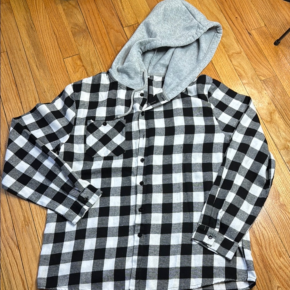 SHEIN Hoodie Women's Flannel Black and White Plaid Hoodie L